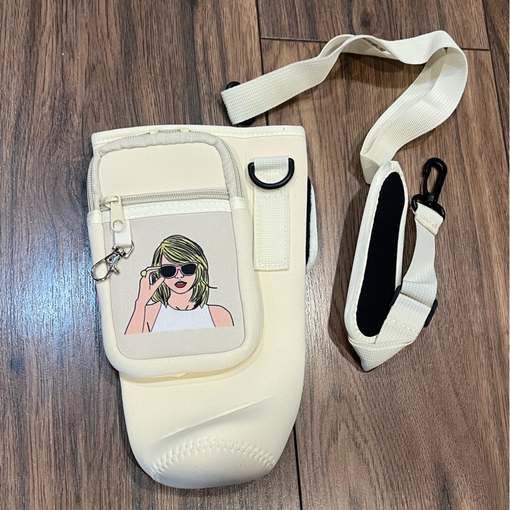New Taylor Swift Cream Stanley Cup Water Bottle Neoprene Strap Pouch Holder Bag